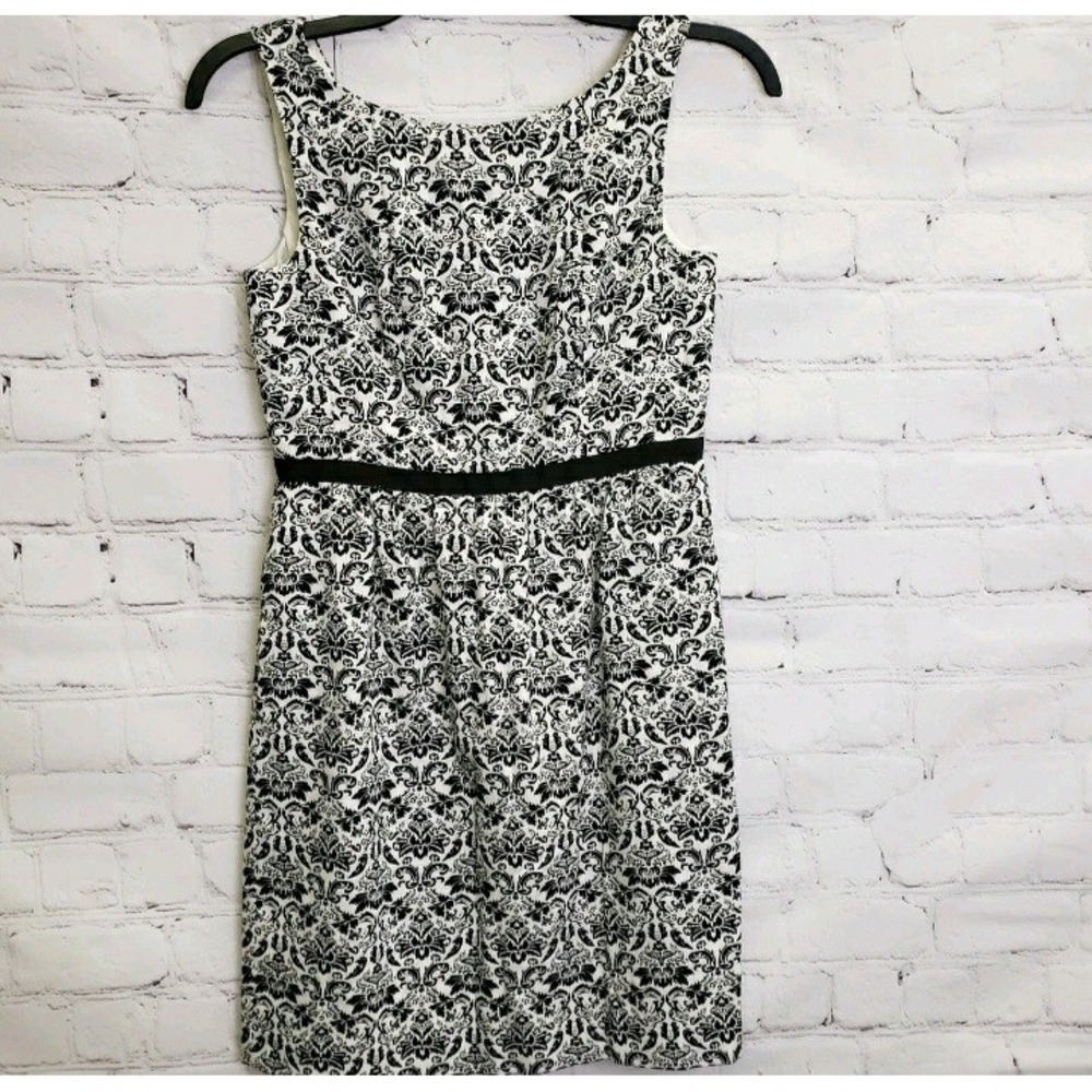 Loft Womens Sz 2 Cotton Dress sleeveless black white Floral Lined 31.5 Long